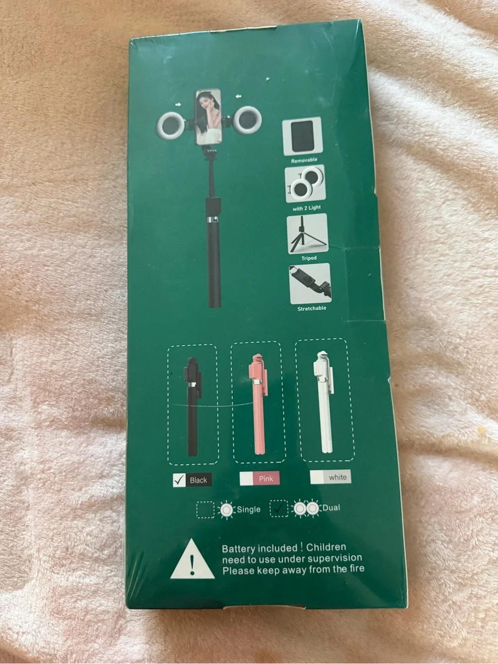 Black Selfie Stick Tripod with Dual LED Ring Lights